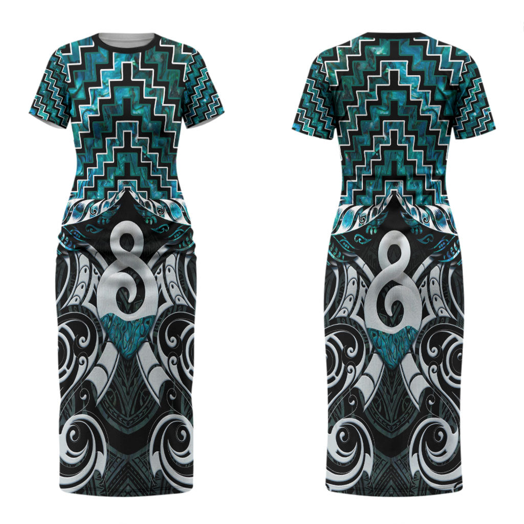 New Zealand Maori Family Matching Short Sleeve Bodycon Dress and Hawaiian Shirt Poutama Pikorua - Single Twist Paua Shell