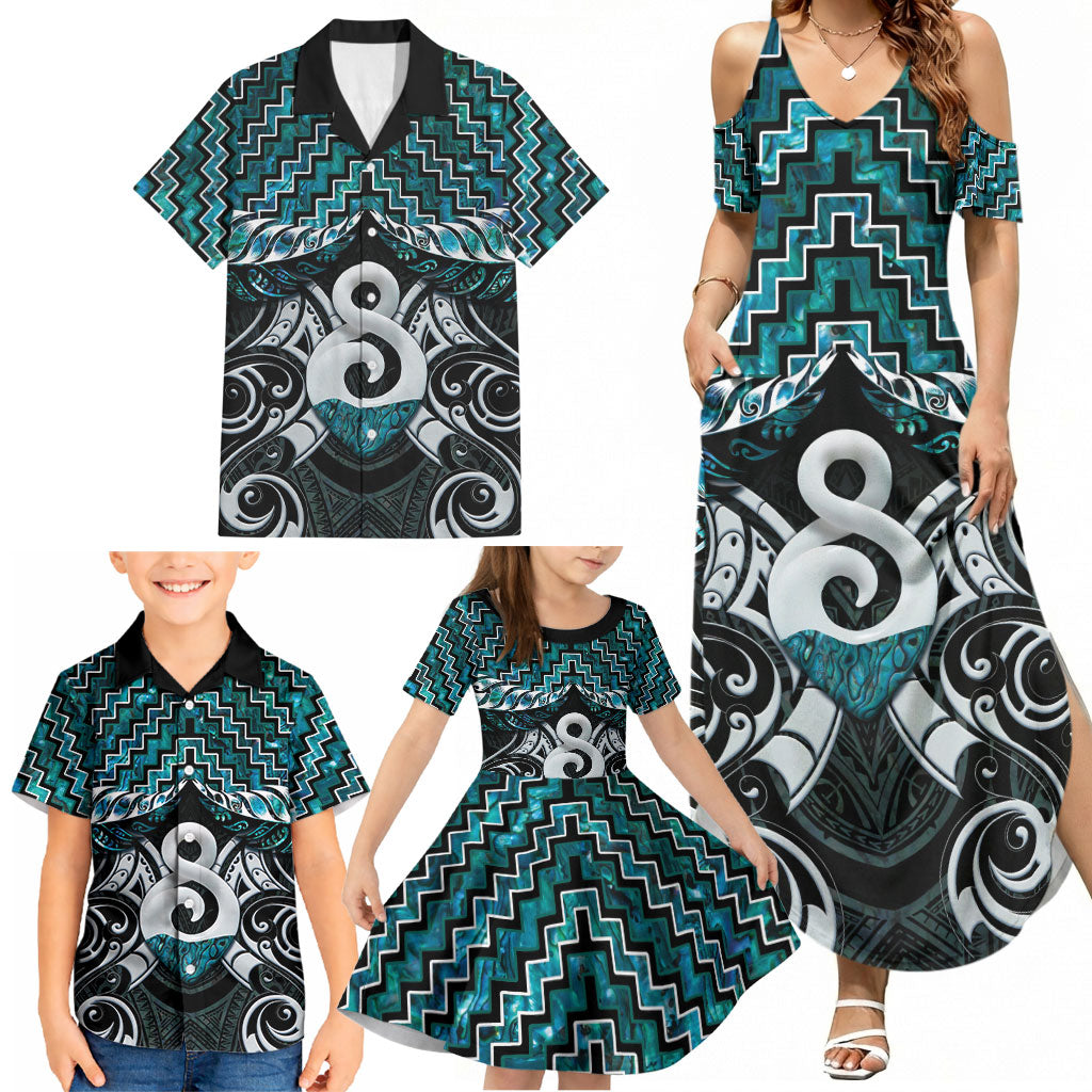 New Zealand Maori Family Matching Summer Maxi Dress and Hawaiian Shirt Poutama Pikorua - Single Twist Paua Shell LT05 - Polynesian Pride