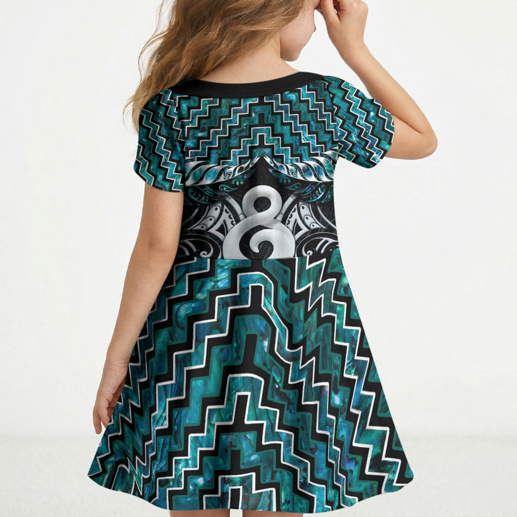 New Zealand Maori Kid Short Sleeve Dress Poutama Pikorua - Single Twist Paua Shell