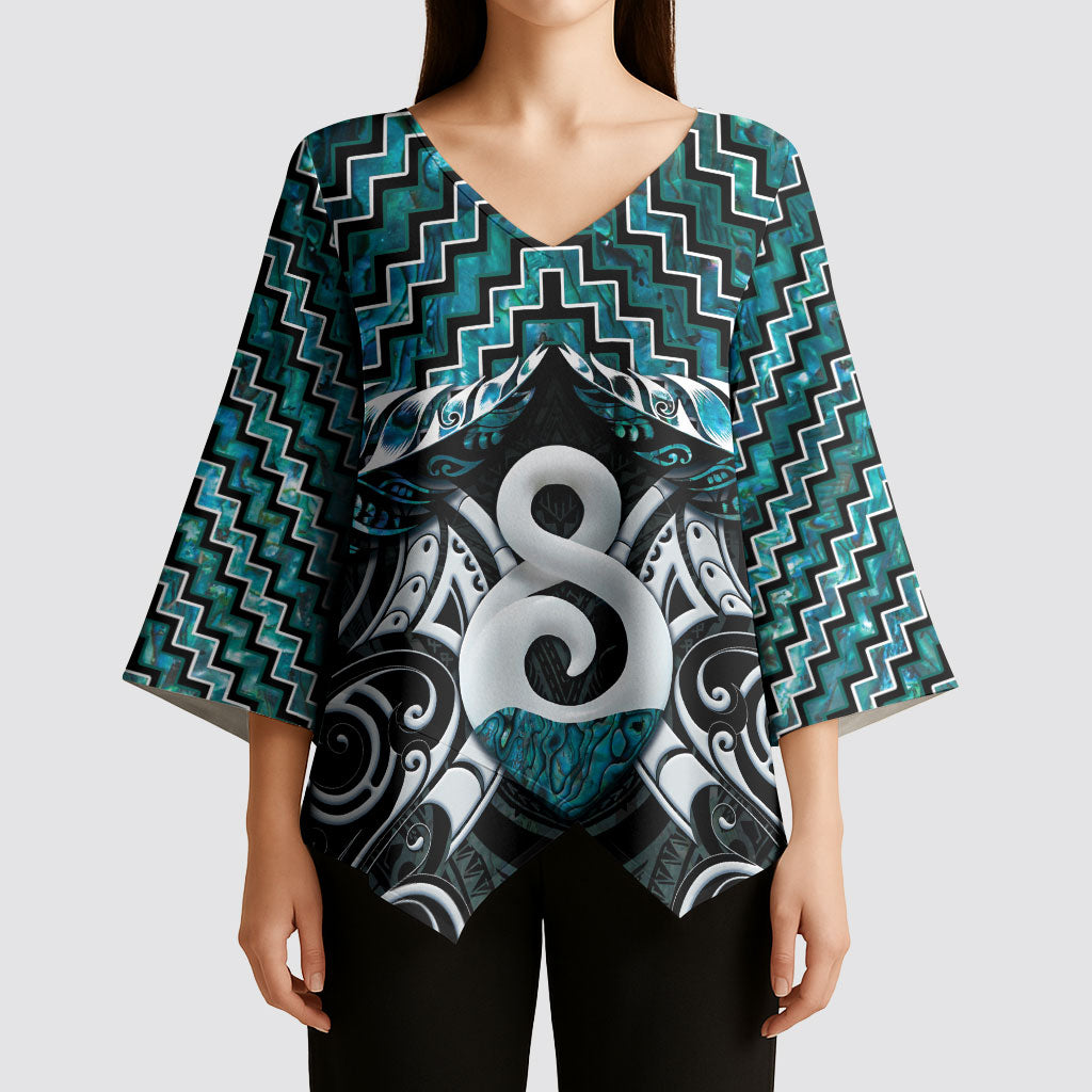 New Zealand Maori Kimono Sleeve Blouse Poutama Pikorua - Single Twist Paua Shell