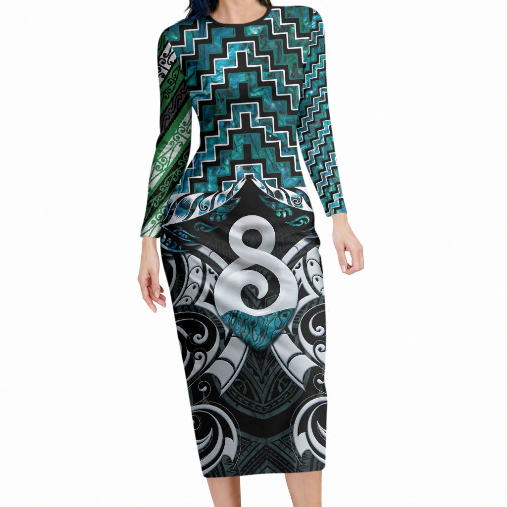 New Zealand Maori Long Sleeve Bodycon Dress Poutama Pikorua - Single Twist Paua Shell