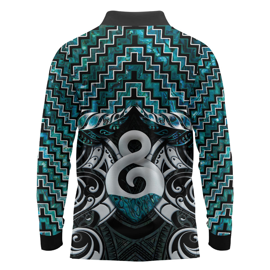 New Zealand Maori Long Sleeve Polo Shirt Poutama Pikorua - Single Twist Paua Shell