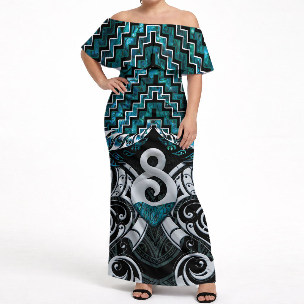 New Zealand Maori Off Shoulder Maxi Dress Poutama Pikorua - Single Twist Paua Shell