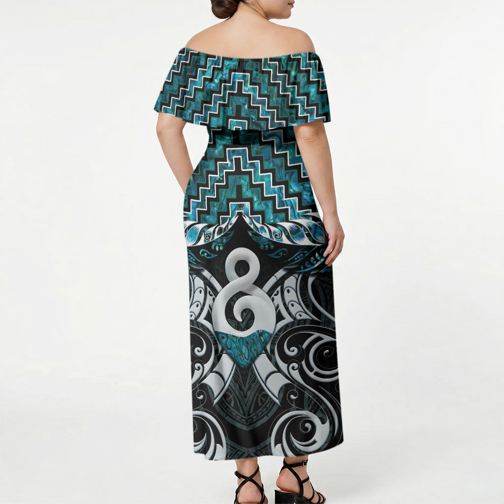 New Zealand Maori Off Shoulder Maxi Dress Poutama Pikorua - Single Twist Paua Shell