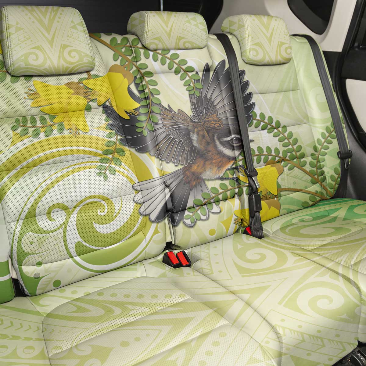 New Zealand Piwakawaka Fantail Bird Back Car Seat Cover With Kowhai Flowers