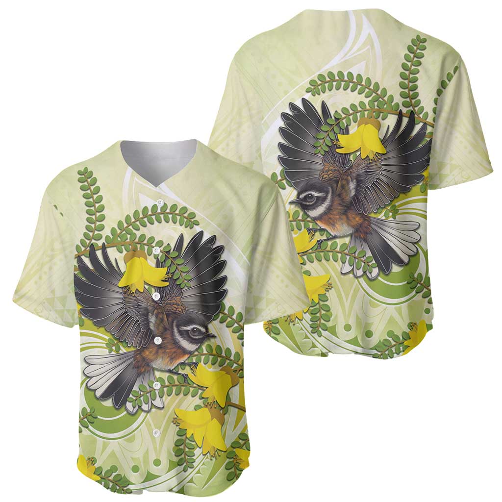 New Zealand Piwakawaka Fantail Bird Baseball Jersey With Kowhai Flowers LT05 - Polynesian Pride