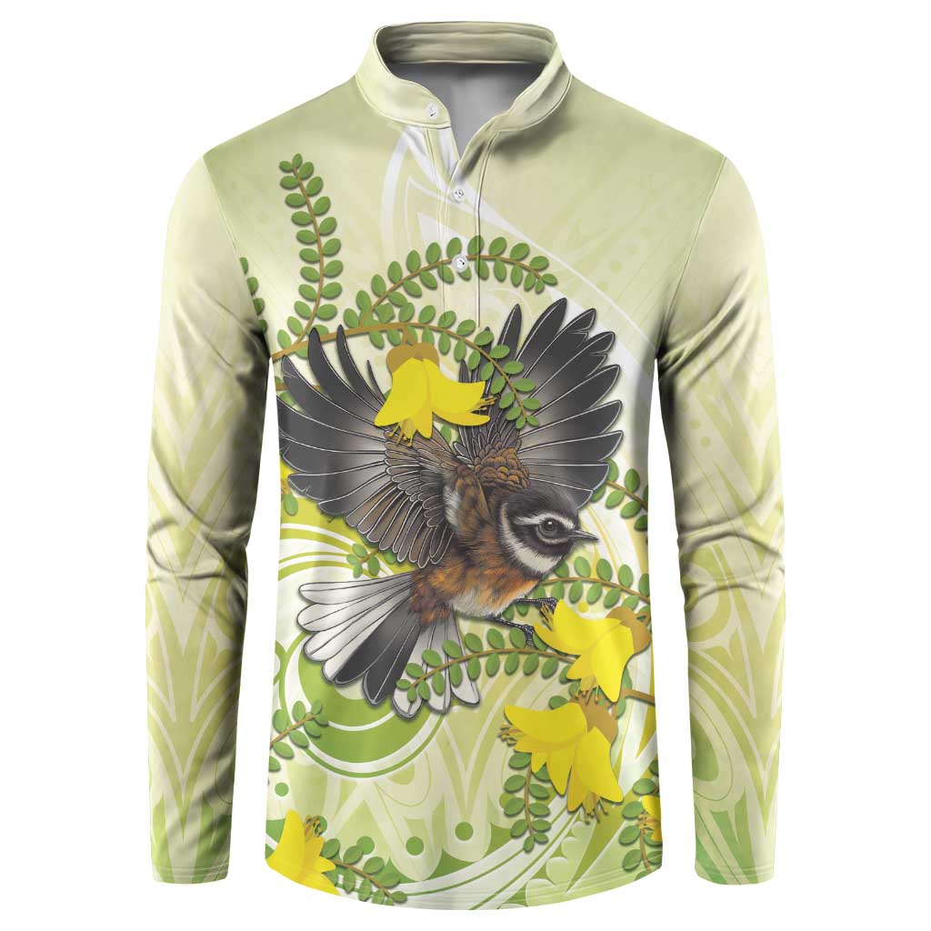 New Zealand Piwakawaka Fantail Bird Button Sweatshirt With Kowhai Flowers LT05 Green - Polynesian Pride