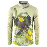 New Zealand Piwakawaka Fantail Bird Button Sweatshirt With Kowhai Flowers LT05 Green - Polynesian Pride