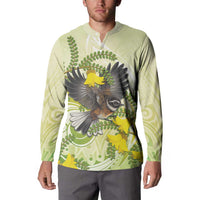 New Zealand Piwakawaka Fantail Bird Button Sweatshirt With Kowhai Flowers LT05 - Polynesian Pride
