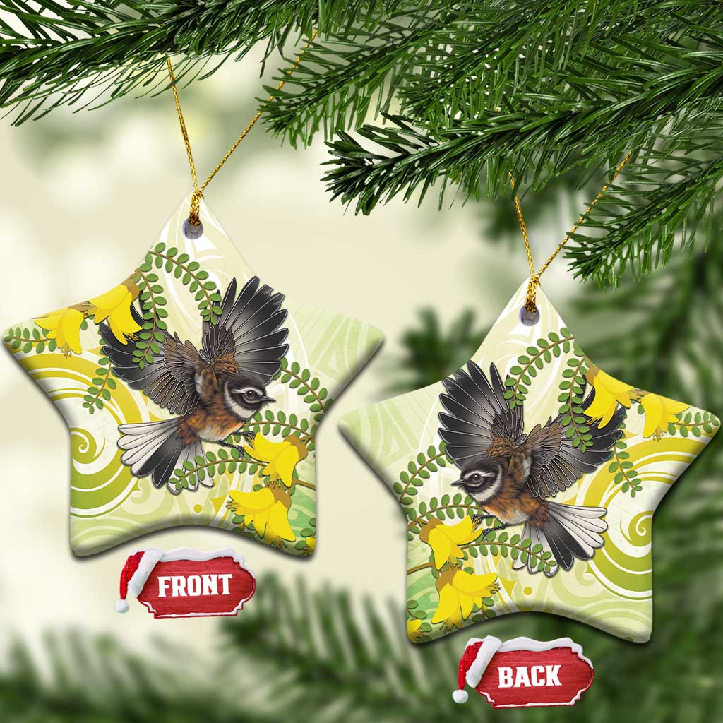 New Zealand Piwakawaka Fantail Bird Ceramic Ornament With Kowhai Flowers