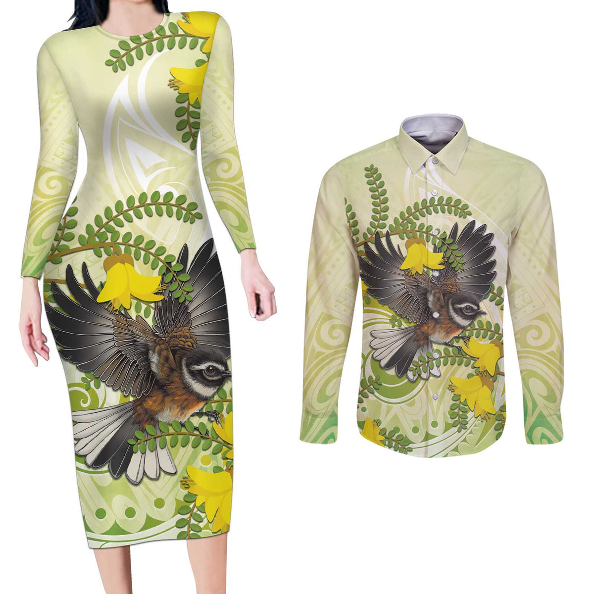 New Zealand Piwakawaka Fantail Bird Couples Matching Long Sleeve Bodycon Dress and Long Sleeve Button Shirt With Kowhai Flowers LT05 Green - Polynesian Pride