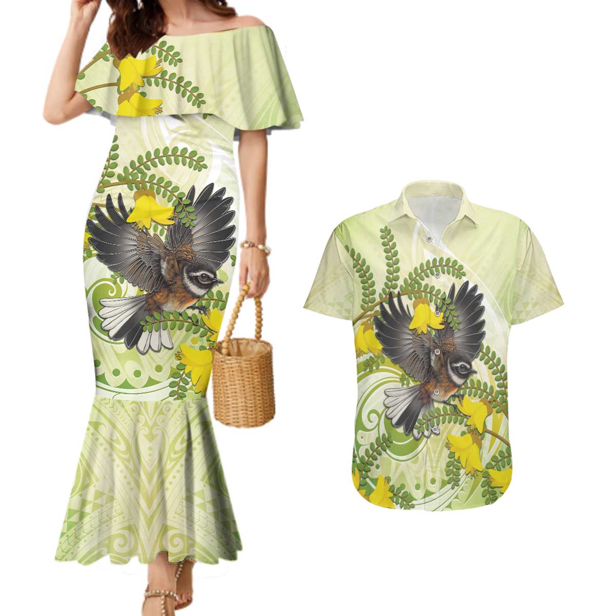 New Zealand Piwakawaka Fantail Bird Couples Matching Mermaid Dress and Hawaiian Shirt With Kowhai Flowers