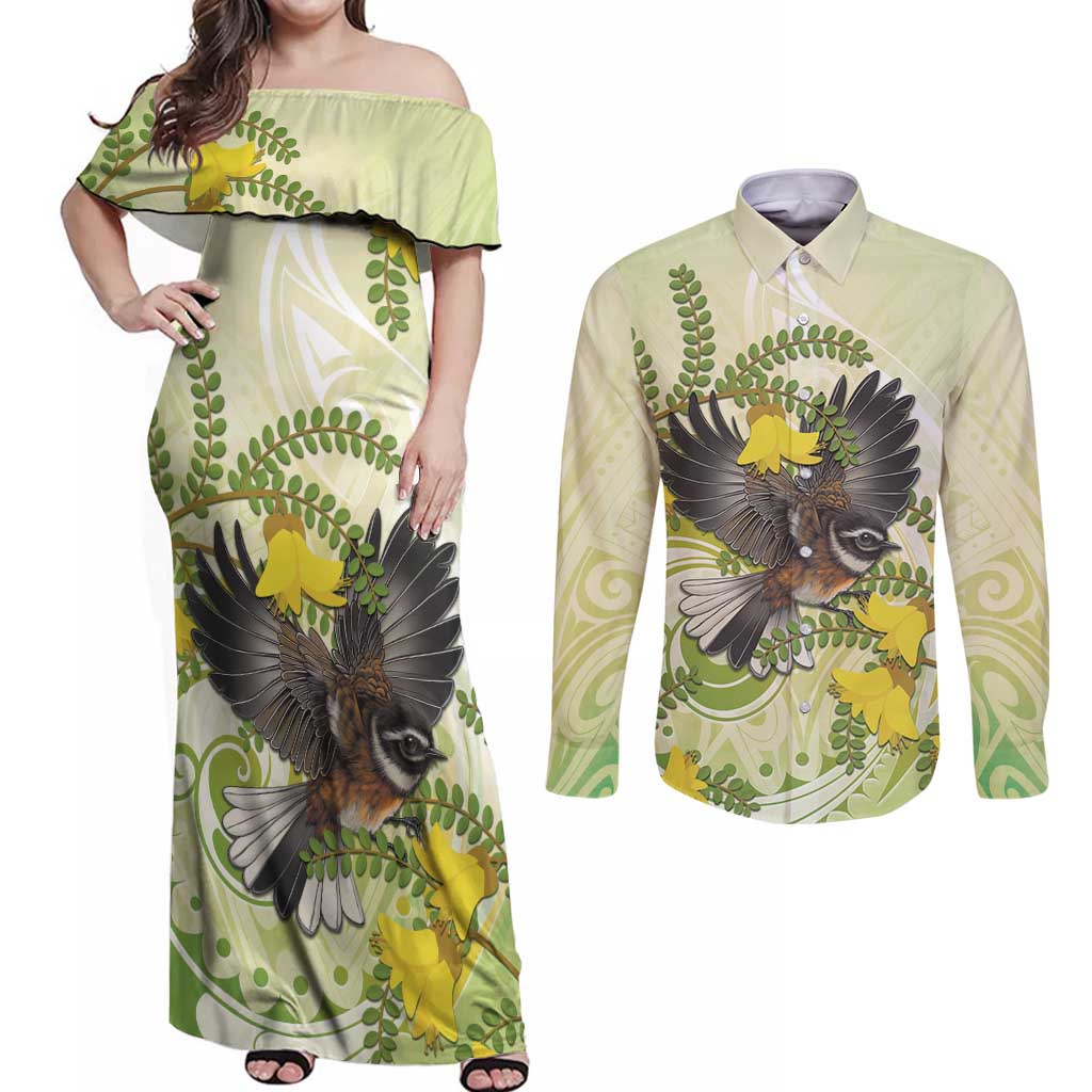 New Zealand Piwakawaka Fantail Bird Couples Matching Off Shoulder Maxi Dress and Long Sleeve Button Shirt With Kowhai Flowers LT05 Green - Polynesian Pride