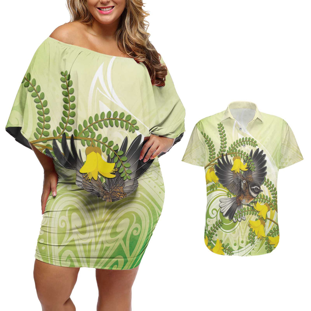New Zealand Piwakawaka Fantail Bird Couples Matching Off Shoulder Short Dress and Hawaiian Shirt With Kowhai Flowers LT05 Green - Polynesian Pride