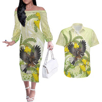 New Zealand Piwakawaka Fantail Bird Couples Matching Off The Shoulder Long Sleeve Dress and Hawaiian Shirt With Kowhai Flowers