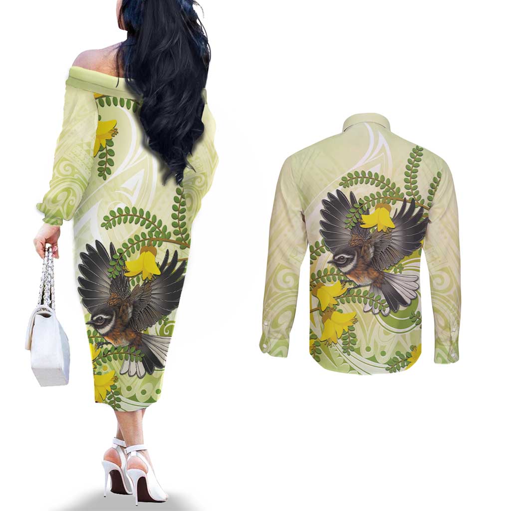 New Zealand Piwakawaka Fantail Bird Couples Matching Off The Shoulder Long Sleeve Dress and Long Sleeve Button Shirt With Kowhai Flowers LT05 - Polynesian Pride