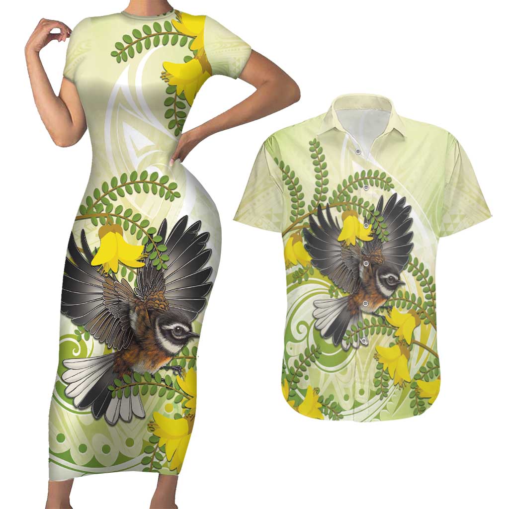 New Zealand Piwakawaka Fantail Bird Couples Matching Short Sleeve Bodycon Dress and Hawaiian Shirt With Kowhai Flowers