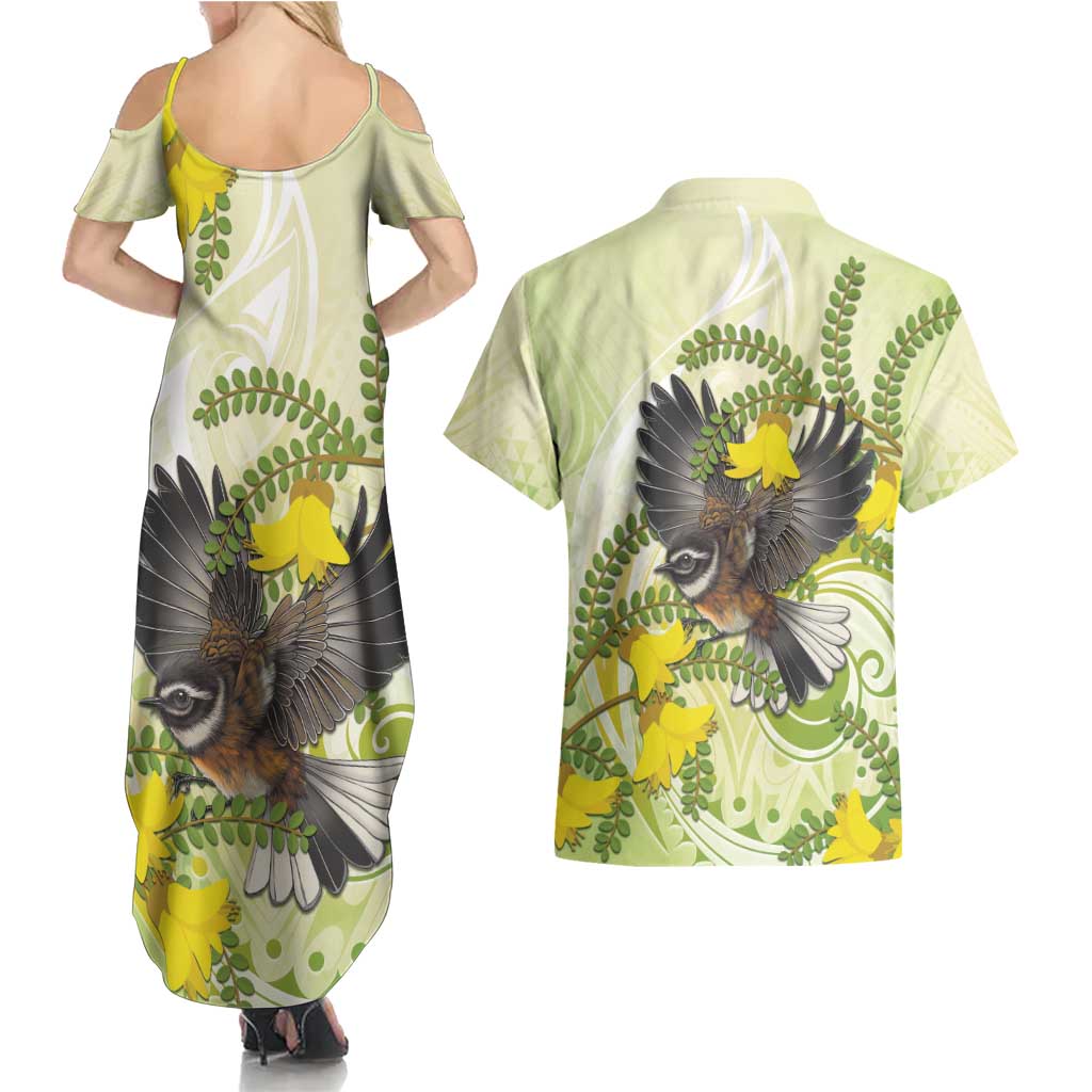 New Zealand Piwakawaka Fantail Bird Couples Matching Summer Maxi Dress and Hawaiian Shirt With Kowhai Flowers LT05 - Polynesian Pride