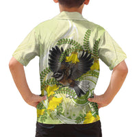 New Zealand Piwakawaka Fantail Bird Family Matching Long Sleeve Bodycon Dress and Hawaiian Shirt With Kowhai Flowers