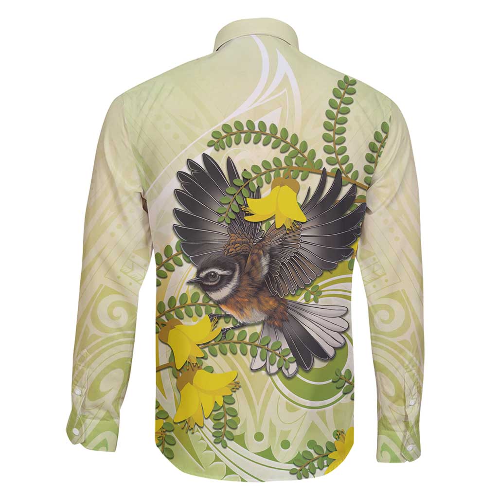 New Zealand Piwakawaka Fantail Bird Family Matching Long Sleeve Bodycon Dress and Hawaiian Shirt With Kowhai Flowers