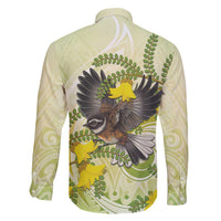 New Zealand Piwakawaka Fantail Bird Family Matching Long Sleeve Bodycon Dress and Hawaiian Shirt With Kowhai Flowers