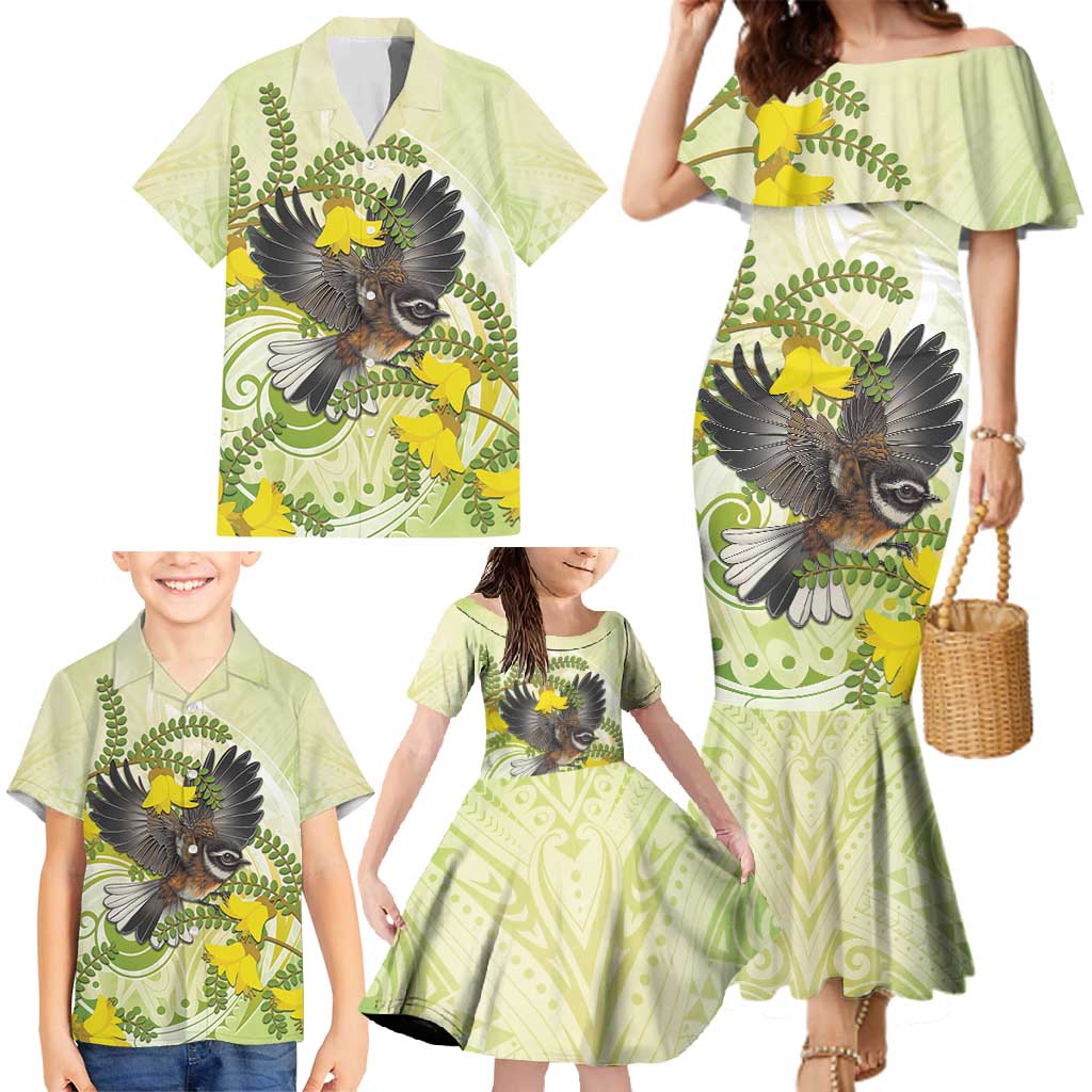New Zealand Piwakawaka Fantail Bird Family Matching Mermaid Dress and Hawaiian Shirt With Kowhai Flowers LT05 - Polynesian Pride