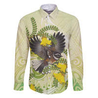 New Zealand Piwakawaka Fantail Bird Family Matching Mermaid Dress and Hawaiian Shirt With Kowhai Flowers LT05 Dad's Shirt - Long Sleeve Green - Polynesian Pride