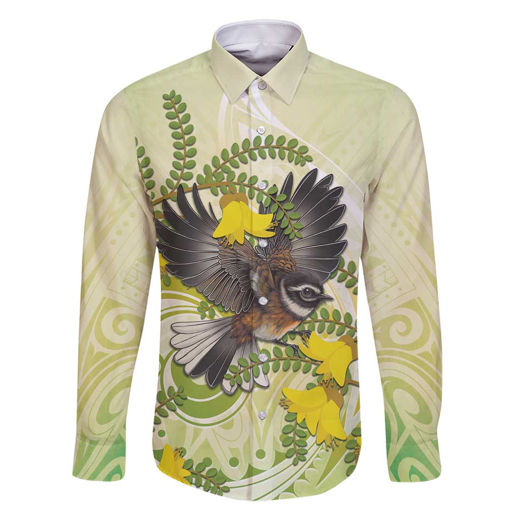 New Zealand Piwakawaka Fantail Bird Family Matching Off Shoulder Maxi Dress and Hawaiian Shirt With Kowhai Flowers LT05 Dad's Shirt - Long Sleeve Green - Polynesian Pride