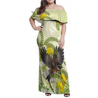 New Zealand Piwakawaka Fantail Bird Family Matching Off Shoulder Maxi Dress and Hawaiian Shirt With Kowhai Flowers LT05 Mom's Dress Green - Polynesian Pride