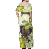New Zealand Piwakawaka Fantail Bird Family Matching Off Shoulder Maxi Dress and Hawaiian Shirt With Kowhai Flowers LT05 - Polynesian Pride