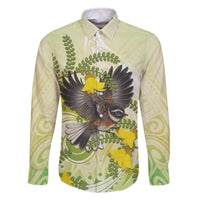 New Zealand Piwakawaka Fantail Bird Family Matching Off Shoulder Short Dress and Hawaiian Shirt With Kowhai Flowers LT05 Dad's Shirt - Long Sleeve Green - Polynesian Pride