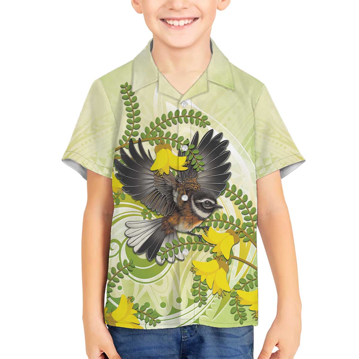 New Zealand Piwakawaka Fantail Bird Family Matching Puletasi and Hawaiian Shirt With Kowhai Flowers LT05 Son's Shirt Green - Polynesian Pride
