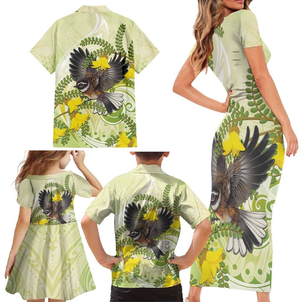 New Zealand Piwakawaka Fantail Bird Family Matching Short Sleeve Bodycon Dress and Hawaiian Shirt With Kowhai Flowers LT05 - Polynesian Pride