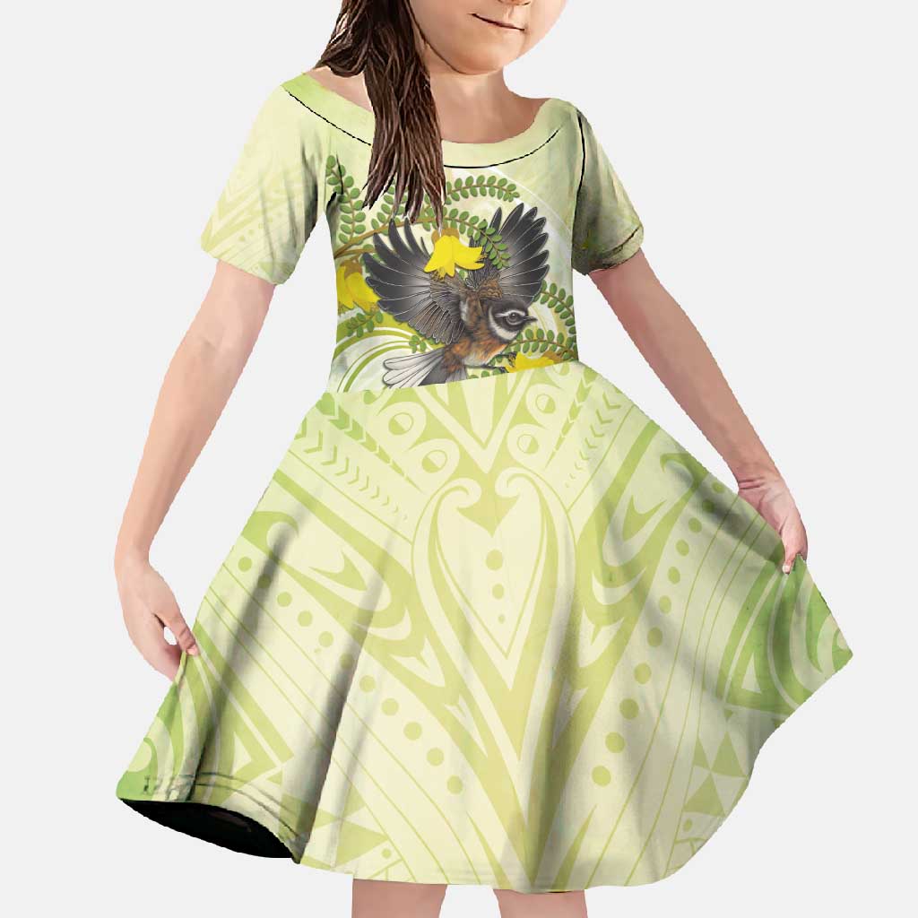 New Zealand Piwakawaka Fantail Bird Family Matching Summer Maxi Dress and Hawaiian Shirt With Kowhai Flowers LT05 Daughter's Dress Green - Polynesian Pride