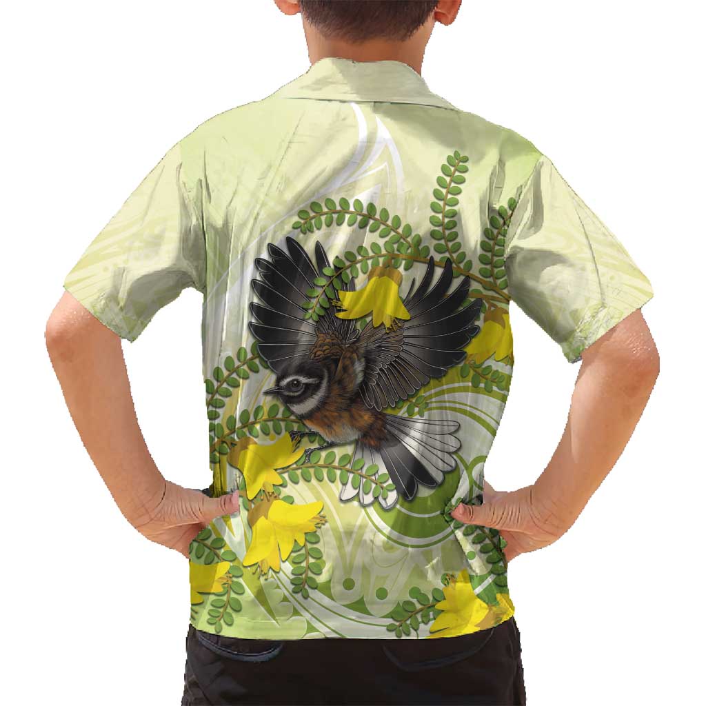 New Zealand Piwakawaka Fantail Bird Family Matching Tank Maxi Dress and Hawaiian Shirt With Kowhai Flowers LT05 - Polynesian Pride
