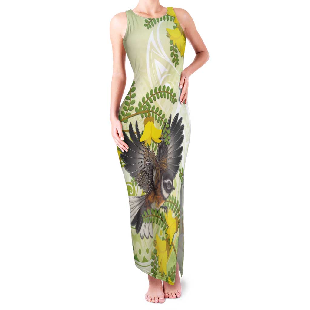 New Zealand Piwakawaka Fantail Bird Family Matching Tank Maxi Dress and Hawaiian Shirt With Kowhai Flowers LT05 Mom's Dress Green - Polynesian Pride