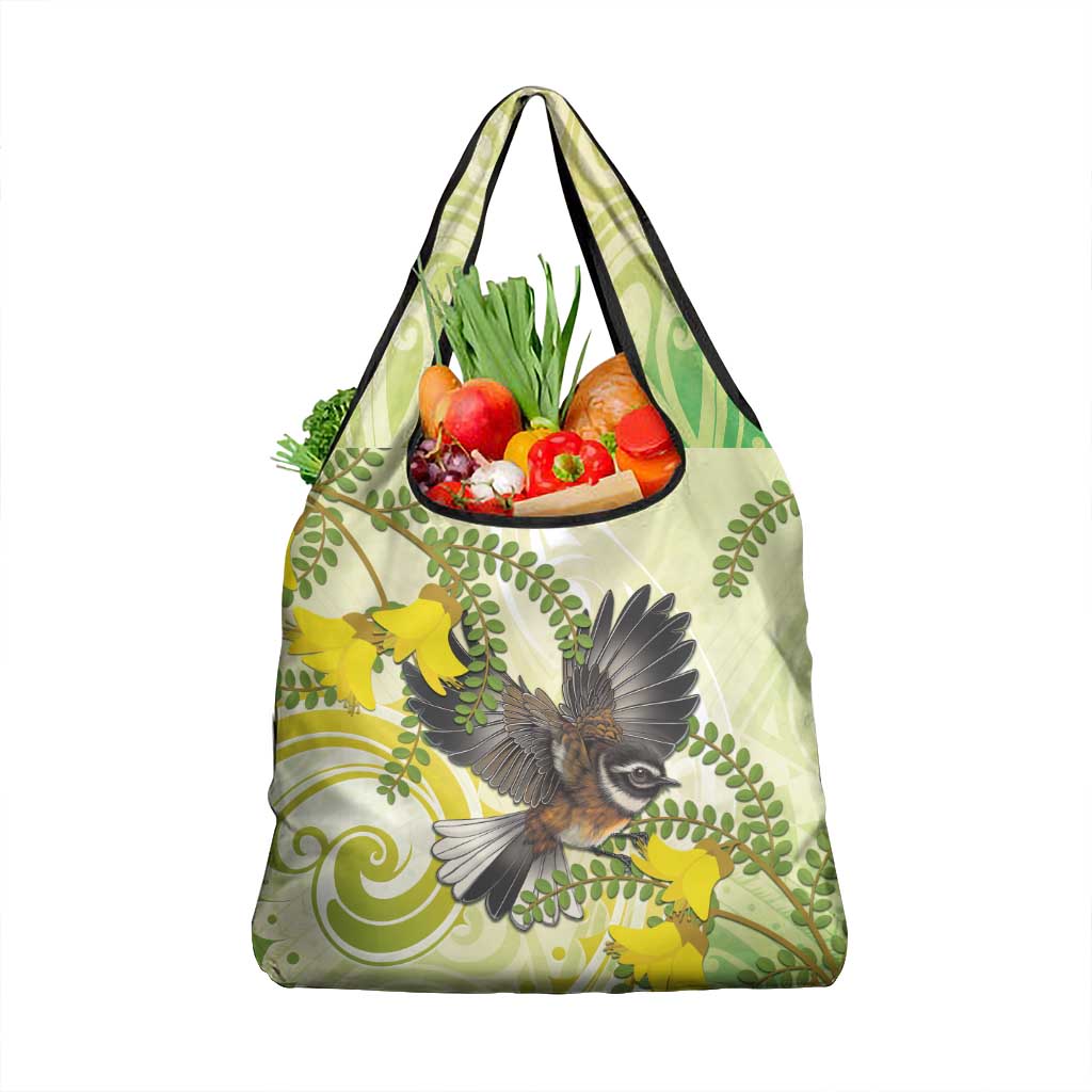 New Zealand Piwakawaka Fantail Bird Grocery Bag With Kowhai Flowers