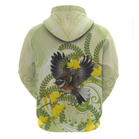 New Zealand Piwakawaka Fantail Bird Hoodie With Kowhai Flowers