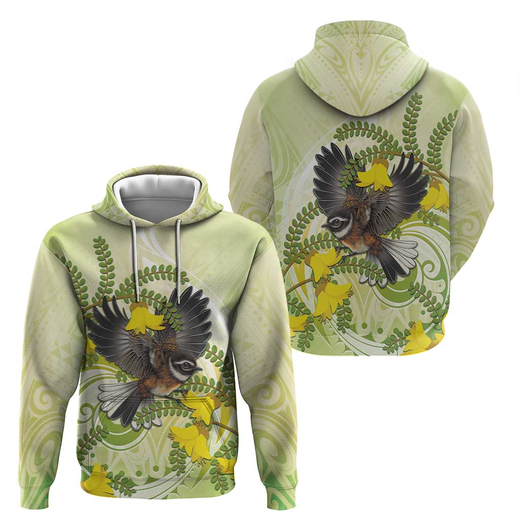 New Zealand Piwakawaka Fantail Bird Hoodie With Kowhai Flowers