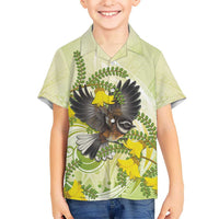 New Zealand Piwakawaka Fantail Bird Kid Hawaiian Shirt With Kowhai Flowers LT05 Kid Green - Polynesian Pride