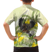New Zealand Piwakawaka Fantail Bird Kid Hawaiian Shirt With Kowhai Flowers LT05 - Polynesian Pride