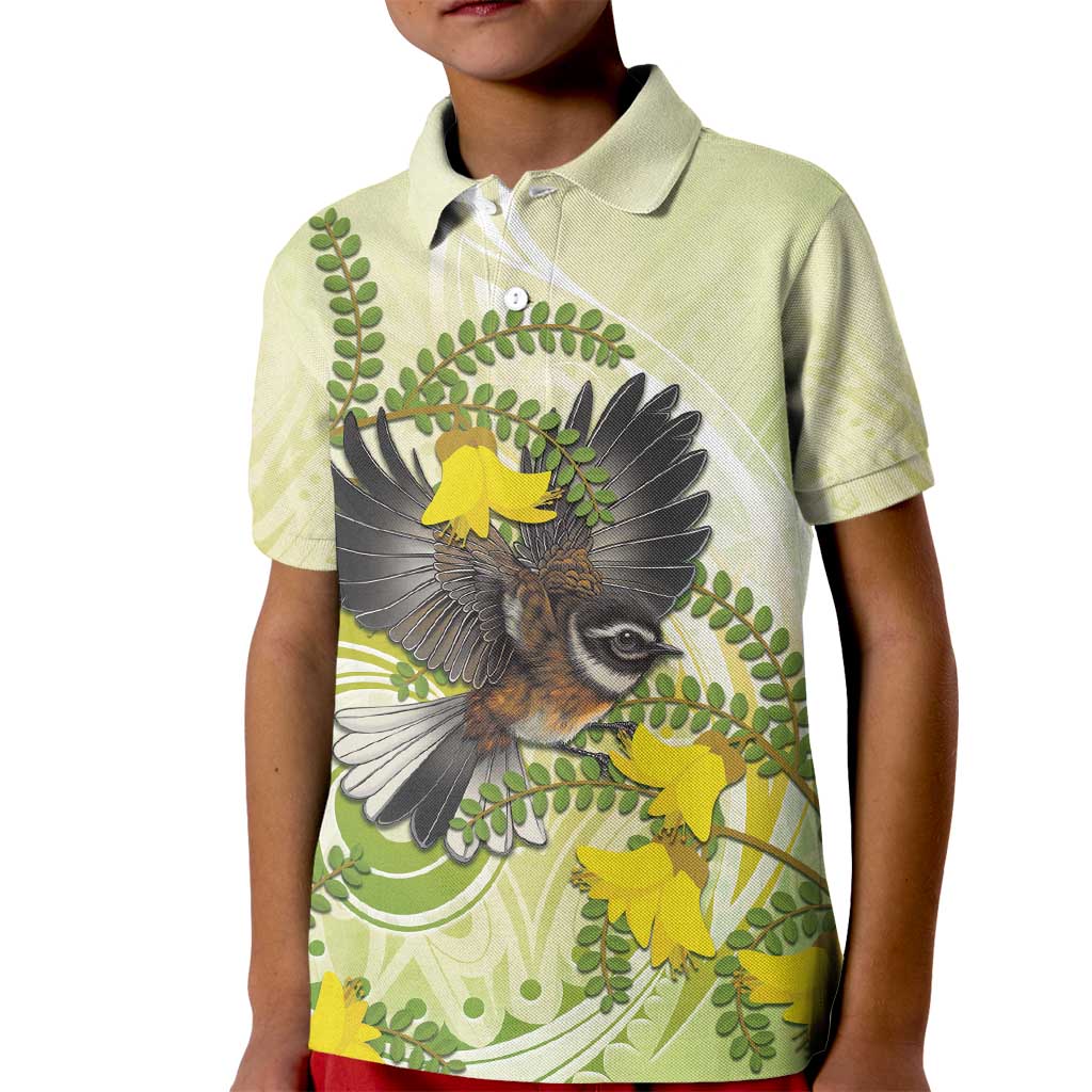 New Zealand Piwakawaka Fantail Bird Kid Polo Shirt With Kowhai Flowers LT05 Kid Green - Polynesian Pride