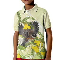 New Zealand Piwakawaka Fantail Bird Kid Polo Shirt With Kowhai Flowers LT05 Kid Green - Polynesian Pride