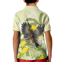 New Zealand Piwakawaka Fantail Bird Kid Polo Shirt With Kowhai Flowers LT05 - Polynesian Pride