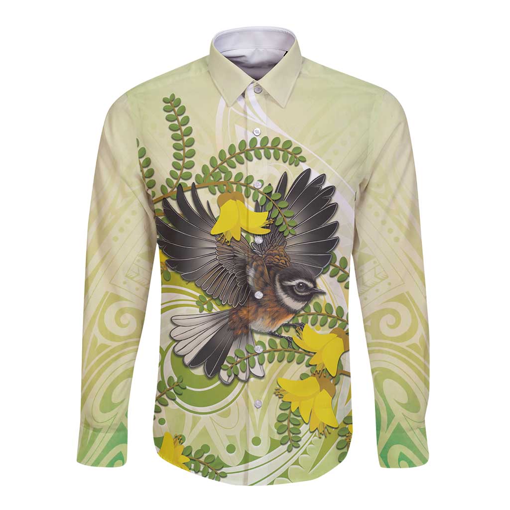 New Zealand Piwakawaka Fantail Bird Long Sleeve Button Shirt With Kowhai Flowers LT05 Unisex Green - Polynesian Pride