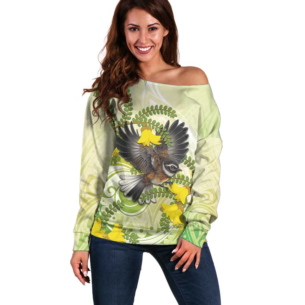 New Zealand Piwakawaka Fantail Bird Off Shoulder Sweater With Kowhai Flowers