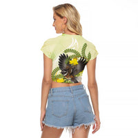 New Zealand Piwakawaka Fantail Bird Raglan Cropped T Shirt With Kowhai Flowers LT05 - Polynesian Pride