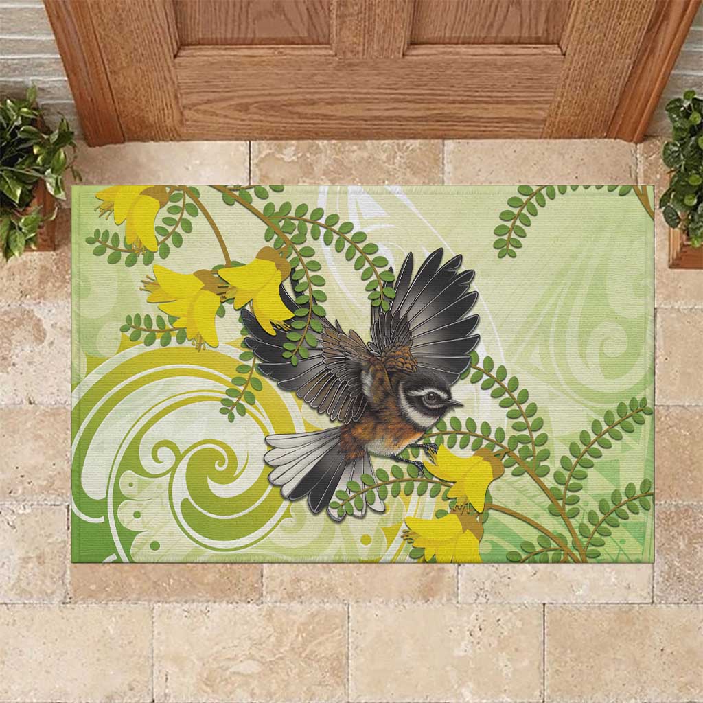 New Zealand Piwakawaka Fantail Bird Rubber Doormat With Kowhai Flowers LT05 Green - Polynesian Pride