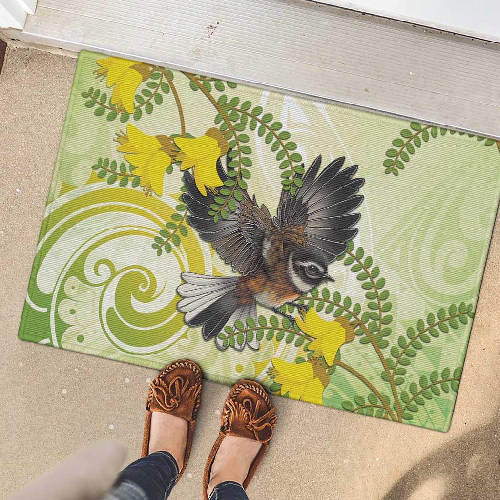 New Zealand Piwakawaka Fantail Bird Rubber Doormat With Kowhai Flowers LT05 - Polynesian Pride