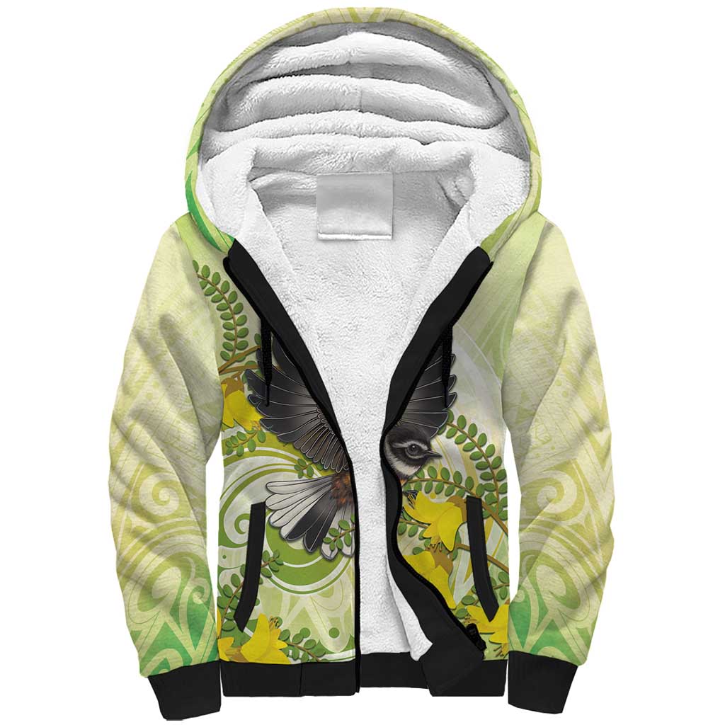 New Zealand Piwakawaka Fantail Bird Sherpa Hoodie With Kowhai Flowers